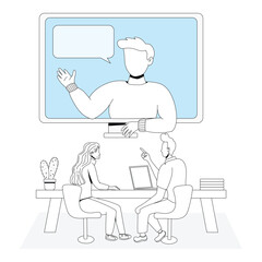 Students learning via laptop in flat vector e-learning concept