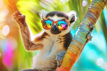 Obraz premium Groovy Lemur with Retro Sunglasses Dancing in Style