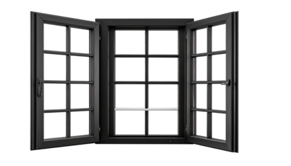 Open, dark-framed window with panes