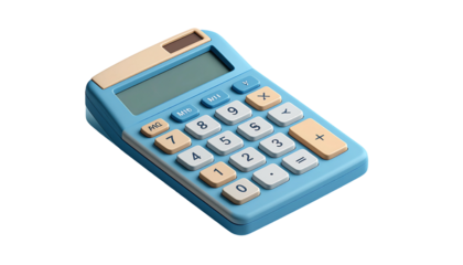 Blue, beige, plastic calculator on black