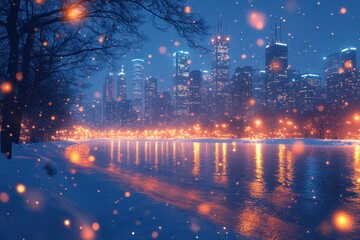 Snow-covered cityscape at night under a starry sky.