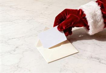 Santa glove slipping blank card into cream envelope on marble surface