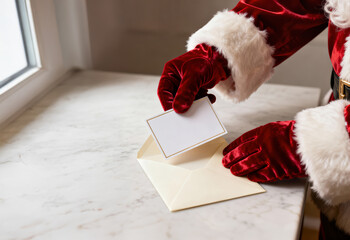 Santa hands inserting blank card into envelope on marble surface