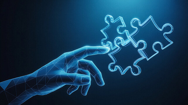 Abstract Hand Connecting Digital Puzzle Pieces for Solution