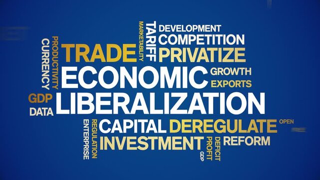 Economic Liberalization animated word cloud-text design animation tag kinetic typography seamless loop.