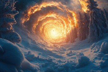 Spiral vortex amidst snowy terrain.