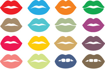 Colorful lipstick kiss prints. Seamless pattern lipstick kiss. Fabric print design, cosmetic industry marketing poster or flyer idea. Different shapes female sexy lips. EPS 10
