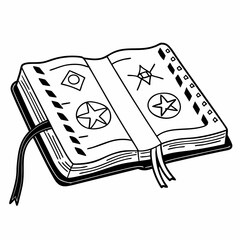 Open mystical spellbook with symbols and ribbons on pages  