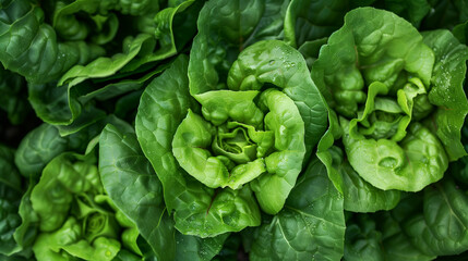 Fresh green lettuce arranged neatly in rows at a market