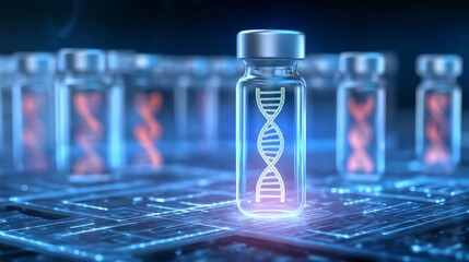 cell gene therapy concept Futuristic vial with DNA helix on a digital background.