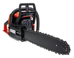 Fototapeta premium A close-up shot of an orange and black gas-powered saw against a white background. The cutting blade is prominent