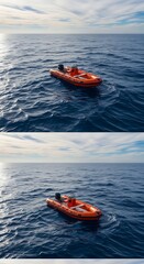Orange Inflatable Boat Drifting on the Open Ocean.