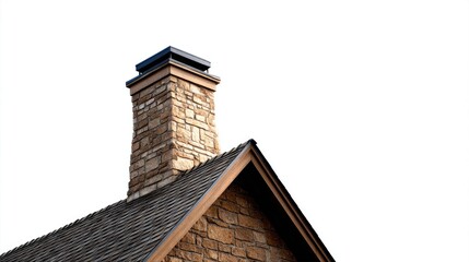 Close-up of a stone chimney on a house roof.