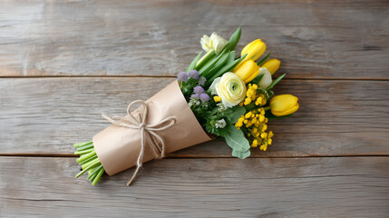 Fresh Spring Flower Bouquet with Yellow Tulips and Mixed Blooms Wrapped in Kraft Paper