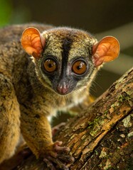 Fototapeta premium A close-up of a small primate perched on a branch, with large, expressive eyes. The creature is well camouflaged, with soft, warm coloration