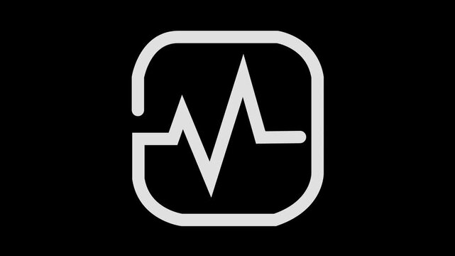 4k vide White electrocardiogram icon with rounded square outline on black background heart rate pulse