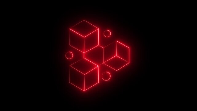 Red Neon Geometric Cubes Arrangement With Circles On 4k vide Black Background abstract illusion