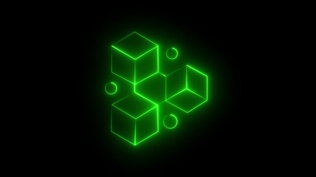 Green Neon Geometric Cubes Arrangement With Circles On 4k vide Black Background abstract illusion