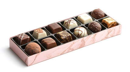 Assorted chocolate truffle box gourmet bonbon selection marble pink packaging mixed dark milk white elegant confection gift sweet dessert treats luxurious artisan candy festive present indulgent