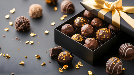 Luxurious chocolate truffle gift box golden ribbon dark background gourmet dessert cocoa confection premium treat indulgent festive holiday