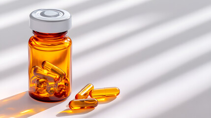 Amber pill bottle vitamin capsule pharmacy healthcare medicine supplement container plastic white background shadow