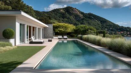 Modern luxury villa with large windows, private swimming pool, mountain view, lush garden, and serene lakeside atmosphere