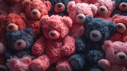 Many teddy bears of different colors, close-up.