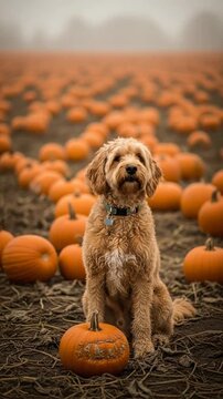 Adorable Goldendoodle Portrait Sitting by a Pumpkin on Patch with Field of Pumpkins on Soft-Focus Background on Autumn Landscape during Cloudy Day for Halloween Promotion almost 200 chars