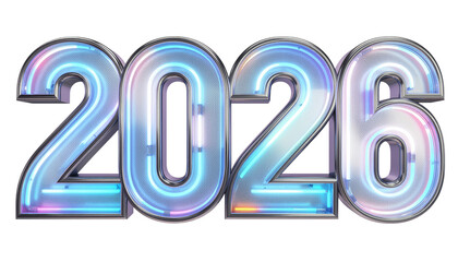 bold and Futuristic metallic numbers 2026 glow with vibrant neon lights, representing the anticipation of the upcoming year. Isolated On Transparent and White Background