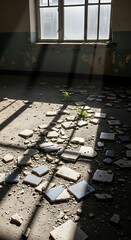 Sunlight streams through a broken window in an abandoned room.
