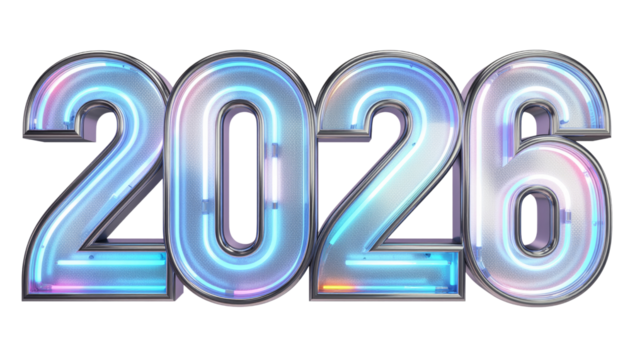 bold and Futuristic metallic numbers 2026 glow with vibrant neon lights, representing the anticipation of the upcoming year. Isolated On Transparent and White Background