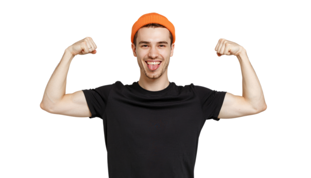 A young man confidently flexes his biceps, showcasing strength and vitality while playfully sticking out his tongue, full of energy  Isolated On Transparent and White Background - Powered by Adobe