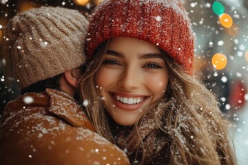 Woman in red hat and man in brown coat hugging in the snow.