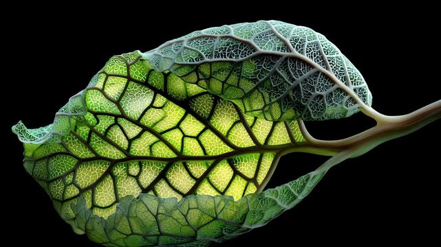 Chlorophyll process concept ,Intricate close up of green leaf vein texture glowing against black background showcasing natural