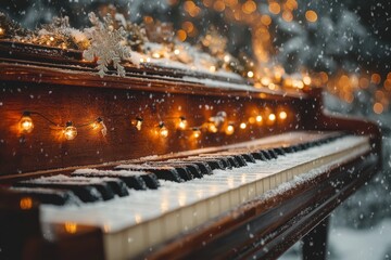 Piano adorned with Christmas lights.