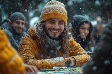 Man in yellow jacket and hat smiles playing cards in snow.