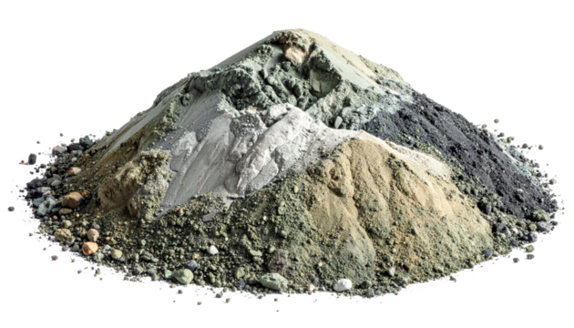 Piles of mineral powders, presenting a visually striking display of diverse textures and a broad spectrum of colors. Isolated On Transparent and White Background