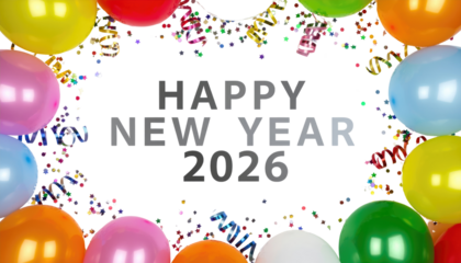 Festive New Year celebration with balloons and confetti, symbolizing joy, fun, and new beginnings.  Isolated On Transparent and White Background