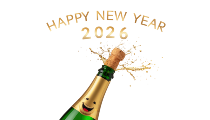  champagne bottle, with the words Happy New Year 2026 elegantly scripted above, the cork is bursting as champagne is ejected from it. Isolated On Transparent and White Background
