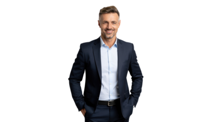 professional portrait of a confident, mature businessman in a smart suit, radiating success and approachability. Isolated On Transparent and White Background