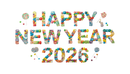 festive and colorful arrangement of candy spells out Happy New Year 2026, celebrating the arrival of a new year in a sweet and playful manner. Isolated On Transparent and White Background