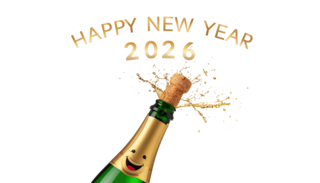  champagne bottle, with the words Happy New Year 2026 elegantly scripted above, the cork is bursting as champagne is ejected from it. Isolated On Transparent and White Background