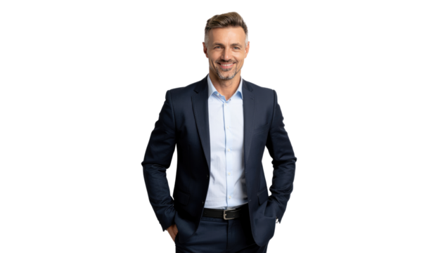 professional portrait of a confident, mature businessman in a smart suit, radiating success and approachability. Isolated On Transparent and White Background