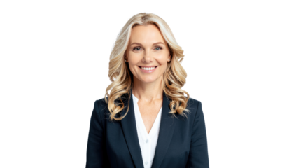 Sophisticated professional woman exudes confidence and approachability in this studio shot.  Isolated On Transparent and White Background