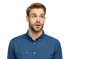 Intrigued man with a curious gaze. He is in a state of mind, wondering in photorealistic - Isolated On PNG Cut Out 