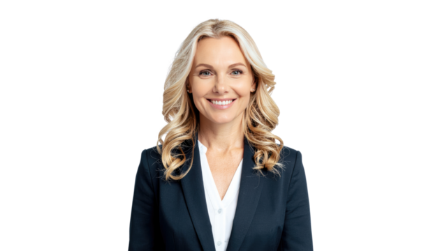 Sophisticated professional woman exudes confidence and approachability in this studio shot.  Isolated On Transparent and White Background