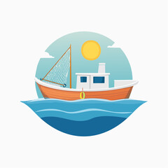 Charming Fishing Boat Illustration: A Serene Seascape with Sunny Skies and Gentle Waves