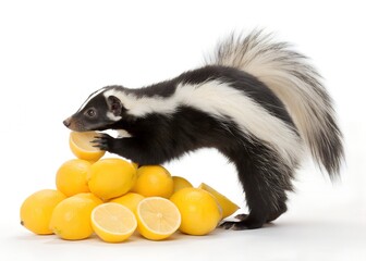 Fototapeta premium skunk try to eat fresh lemon from a pile of lemons