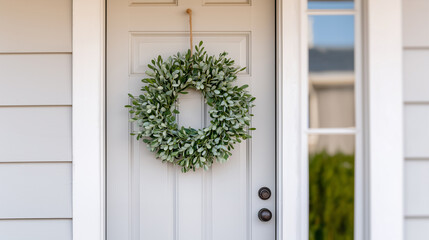 Fresh Green Wreath on White Front Door for Spring Home Decoration and Curb Appeal