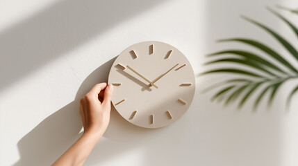 Hand Adjusting Minimalist Wall Clock for Daylight Saving Time Change in Bright Interior